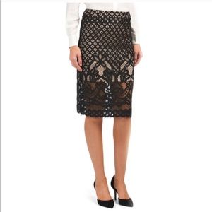 En Creme black lace pencil skirt over nude